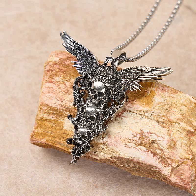 Collier gothique baroque à trois têtes de mort d'ange déchu - Argent antique - image 0