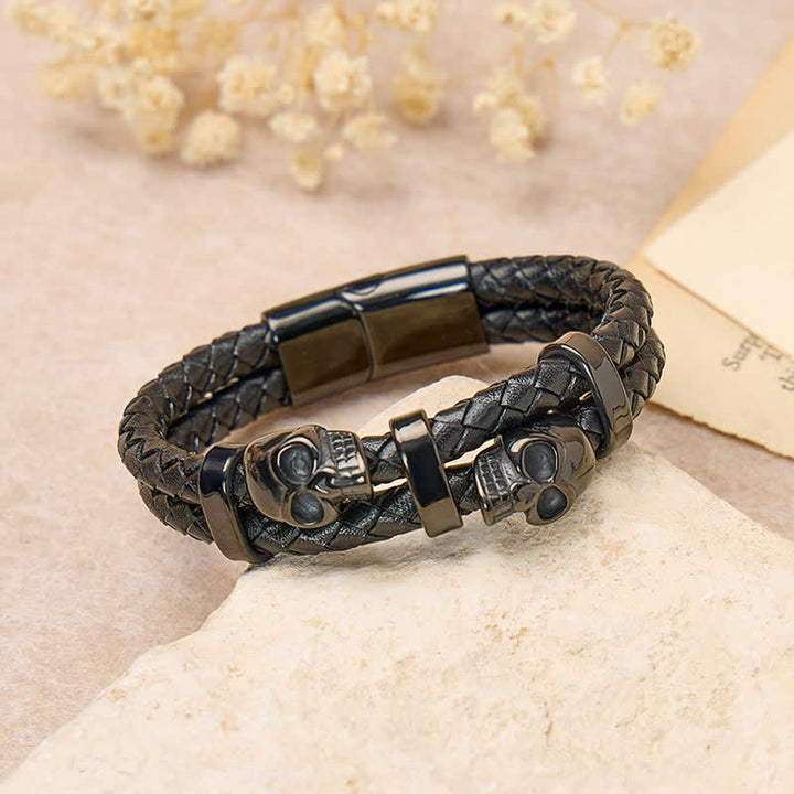 Bracelet gothique en cuir véritable tressé à double tête de mort - image 3