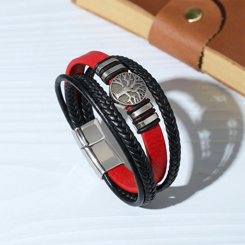 Bracelet magnétique Arbre de Vie en cuir noir tressé style western - Rouge - image 0