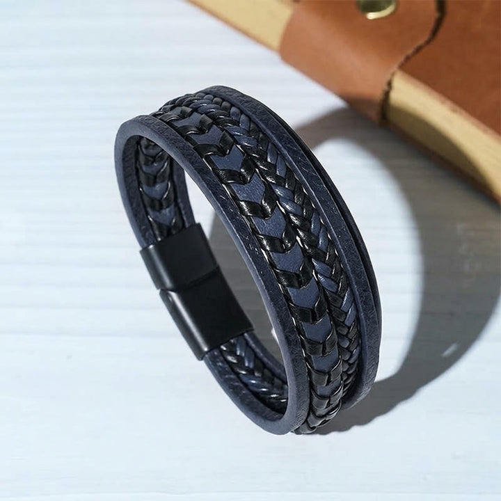 Bracelet multicouche en cuir tressé plat style western pour homme, avec fermoir magnétique. - Bleu - 23 cm - image 3