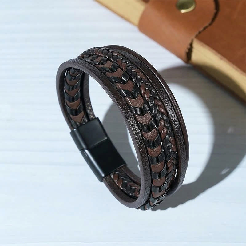 Bracelet multicouche en cuir tressé plat style western pour homme, avec fermoir magnétique. - Café - 23 cm - image 0
