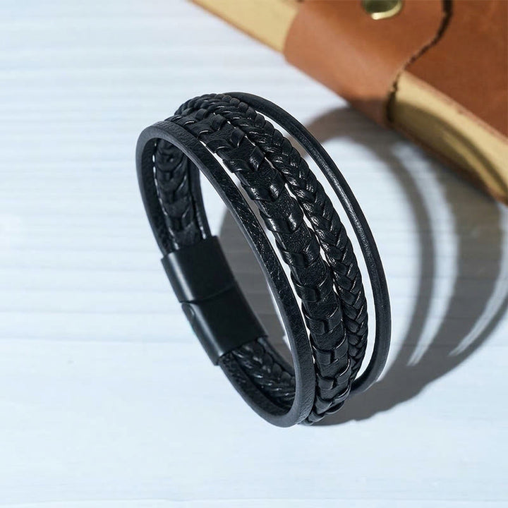 Bracelet multicouche en cuir tressé plat style western pour homme, avec fermoir magnétique. - Noir - 23 cm - image 2