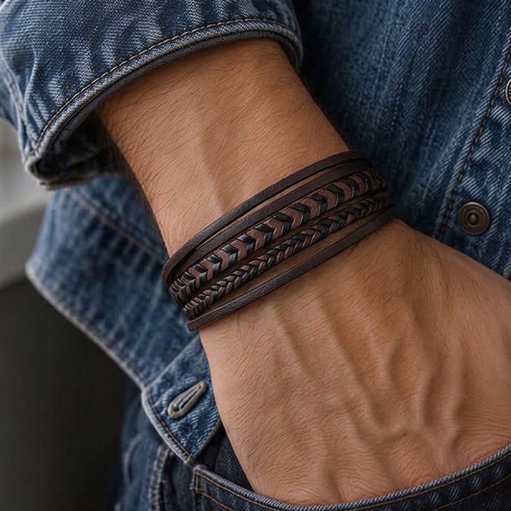 Bracelet multicouche en cuir tressé plat style western pour homme, avec fermoir magnétique. - image 1