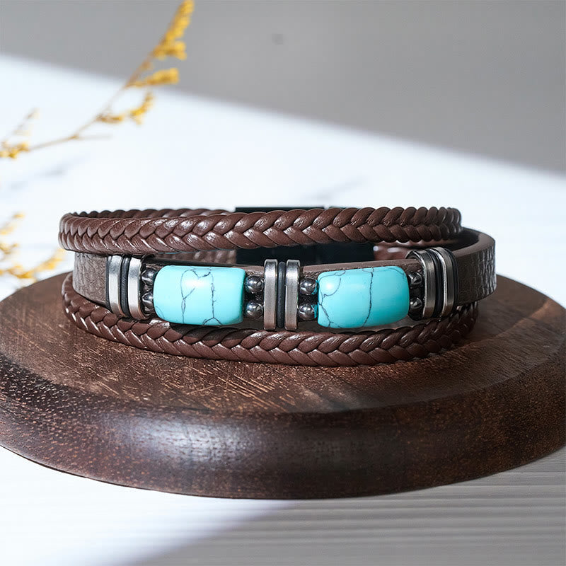 Bracelet homme western en cuir tressé avec pierre turquoise - image 6
