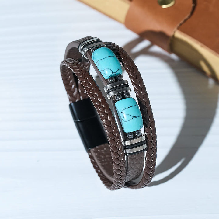 Bracelet homme western en cuir tressé avec pierre turquoise - Brun - 9,06" / 23 cm - image 0