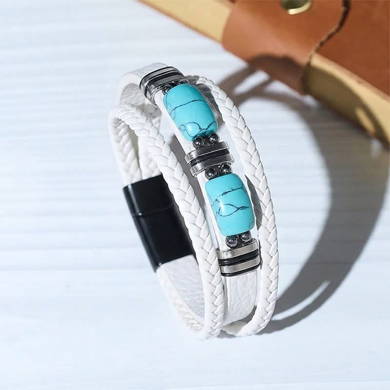 Bracelet homme western en cuir tressé avec pierre turquoise - Blanc - 9,06" / 23 cm - image 3