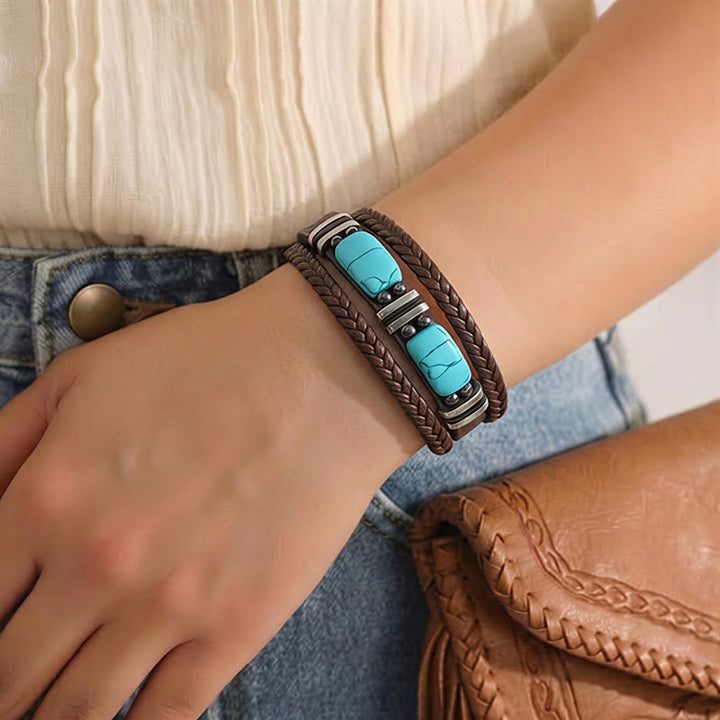 Bracelet homme western en cuir tressé avec pierre turquoise - image 5