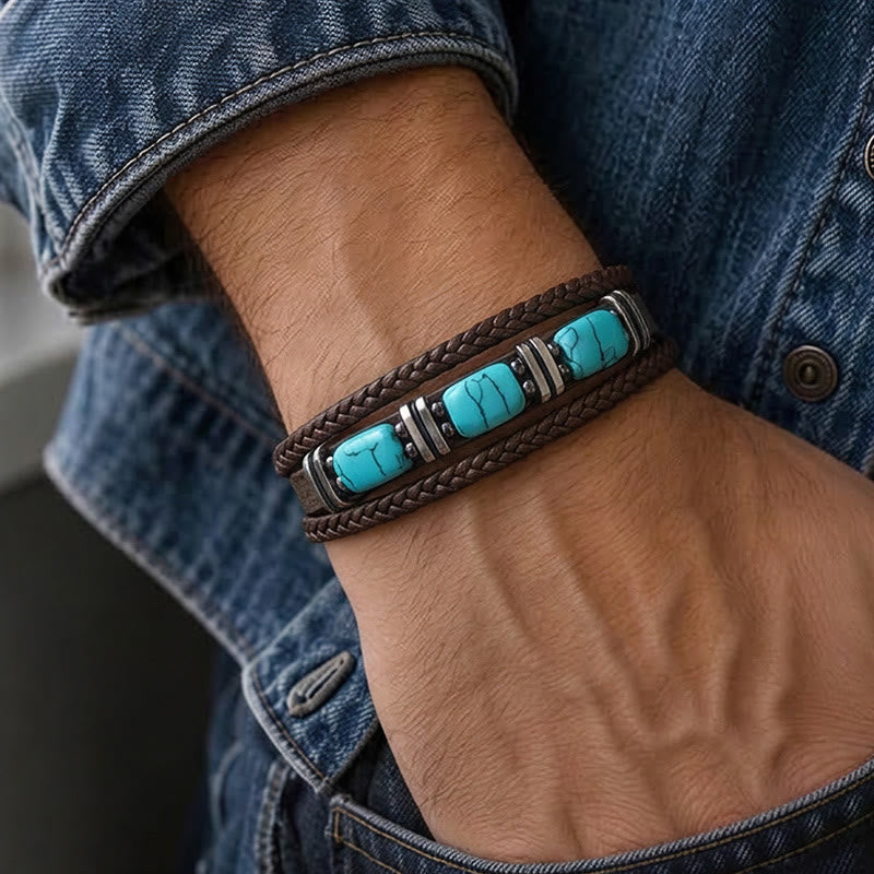 Bracelet homme western en cuir tressé avec pierre turquoise - image 1