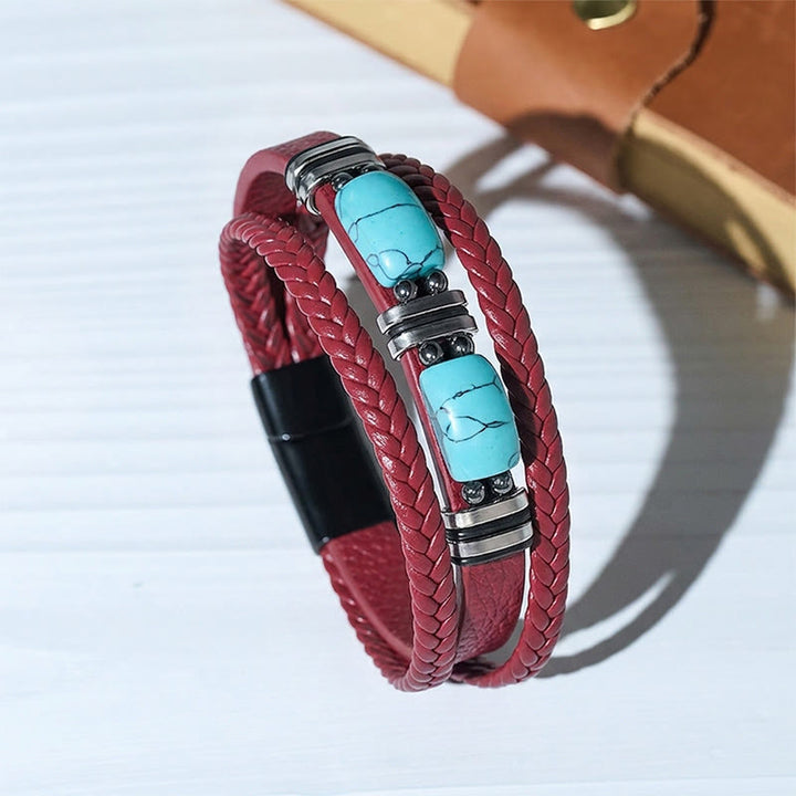 Bracelet homme western en cuir tressé avec pierre turquoise - Rouge - 9,06" / 23 cm - image 2
