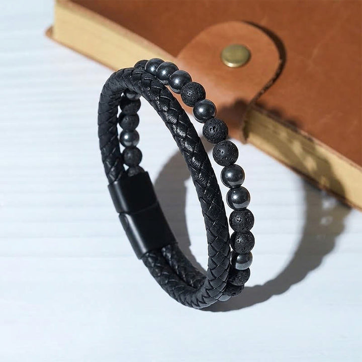 Bracelet multi-rangs vintage western pour homme en cuir mixte et pierre de lave - Style n° 4 - 9,06" / 23 cm - image 2