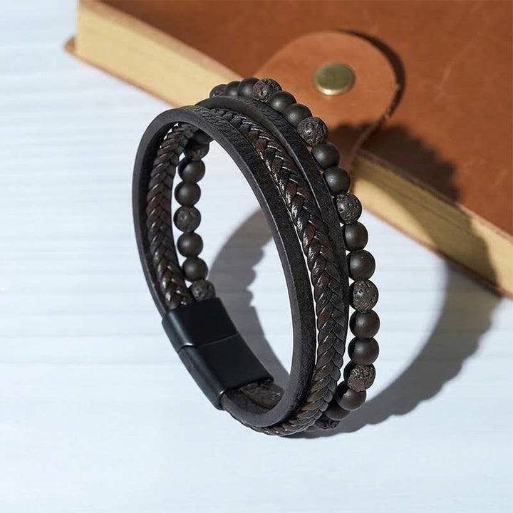 Bracelet multi-rangs vintage western pour homme en cuir mixte et pierre de lave - Style n° 3 - 9,06" / 23 cm - image 3