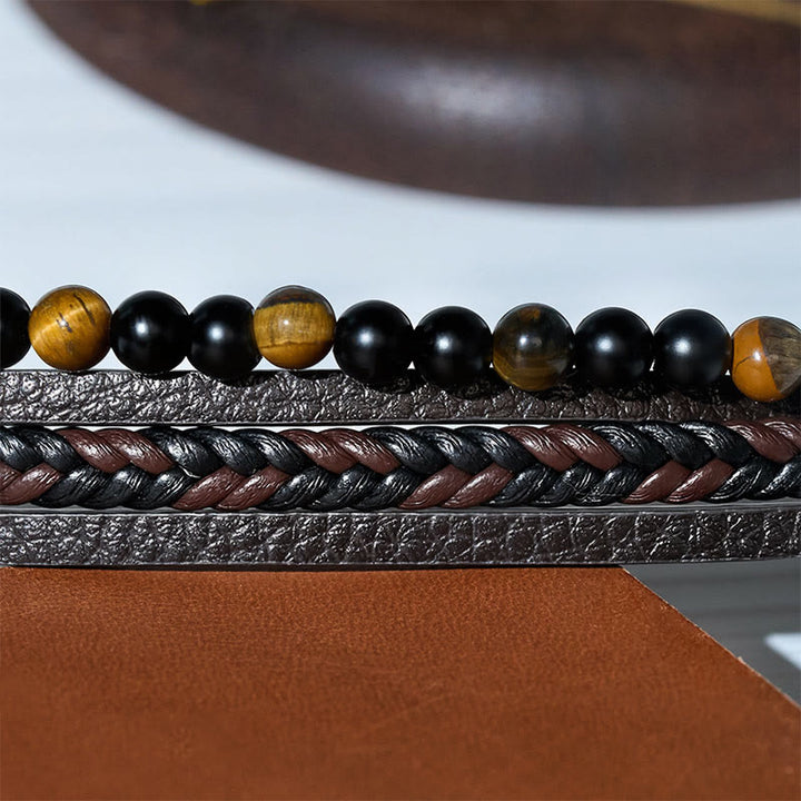 Bracelet multi-rangs vintage western pour homme en cuir mixte et pierre de lave - image 9