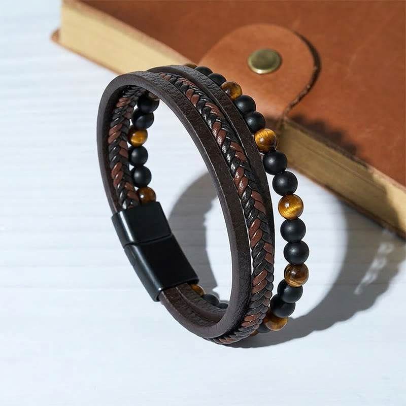 Bracelet multi-rangs vintage western pour homme en cuir mixte et pierre de lave - Style n° 1 - 9,06" / 23 cm - image 0