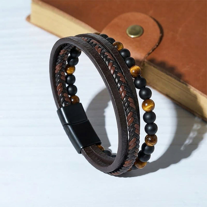 Bracelet multi-rangs vintage western pour homme en cuir mixte et pierre de lave - Style n° 1 - 9,06" / 23 cm - image 0