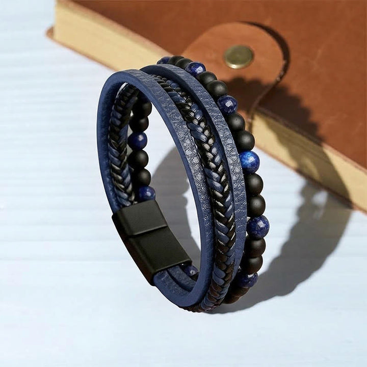 Bracelet multi-rangs vintage western pour homme en cuir mixte et pierre de lave - Style n° 2 - 9,06" / 23 cm - image 4