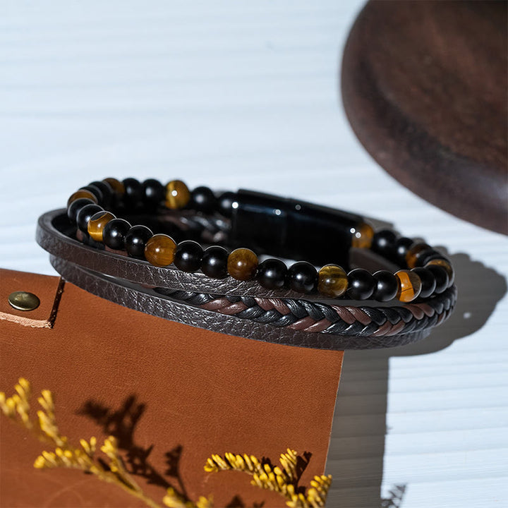 Bracelet multi-rangs vintage western pour homme en cuir mixte et pierre de lave - image 8