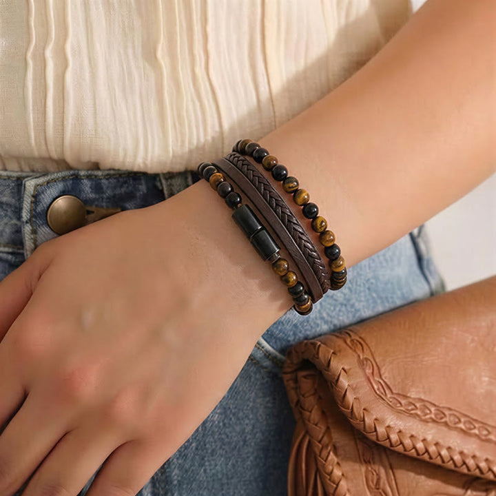 Bracelet multi-rangs vintage western pour homme en cuir mixte et pierre de lave - image 5