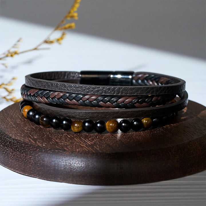 Bracelet multi-rangs vintage western pour homme en cuir mixte et pierre de lave - image 6