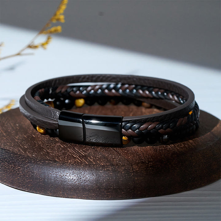 Bracelet multi-rangs vintage western pour homme en cuir mixte et pierre de lave - image 7