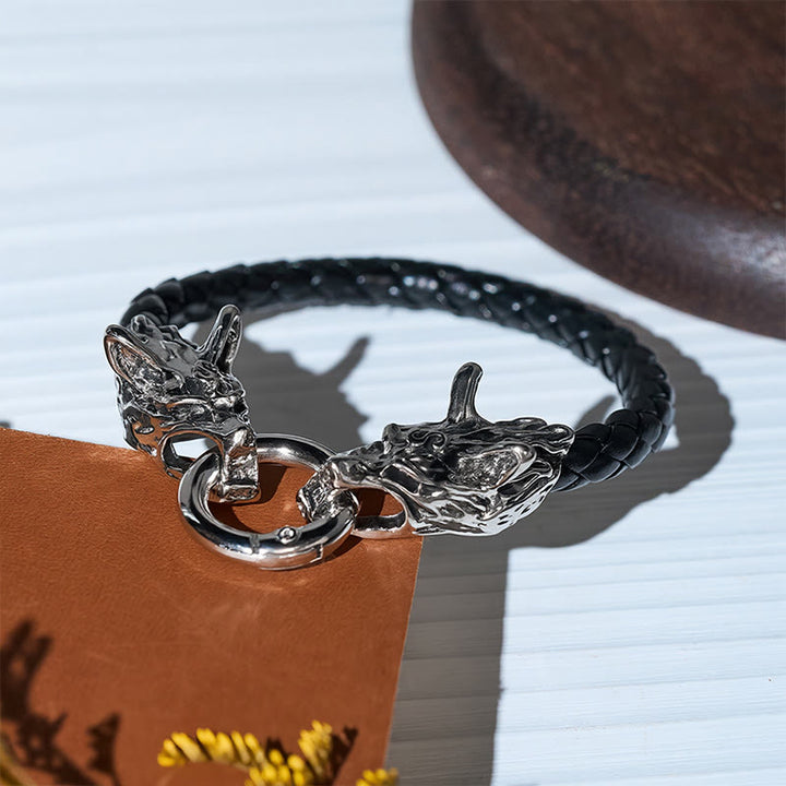 Bracelet vintage viking pour homme en cuir tressé avec double tête de loup - image 3