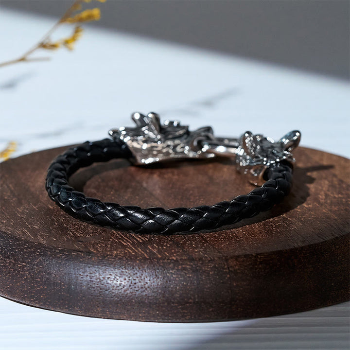 Bracelet vintage viking pour homme en cuir tressé avec double tête de loup - image 4