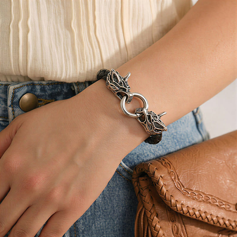 Bracelet vintage viking pour homme en cuir tressé avec double tête de loup - image 2