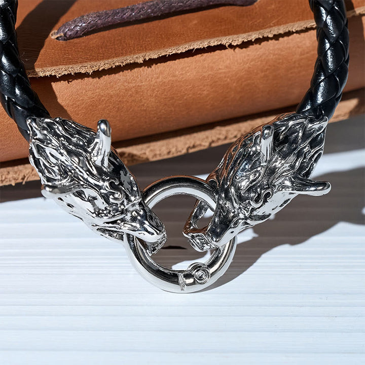 Bracelet vintage viking pour homme en cuir tressé avec double tête de loup - image 5