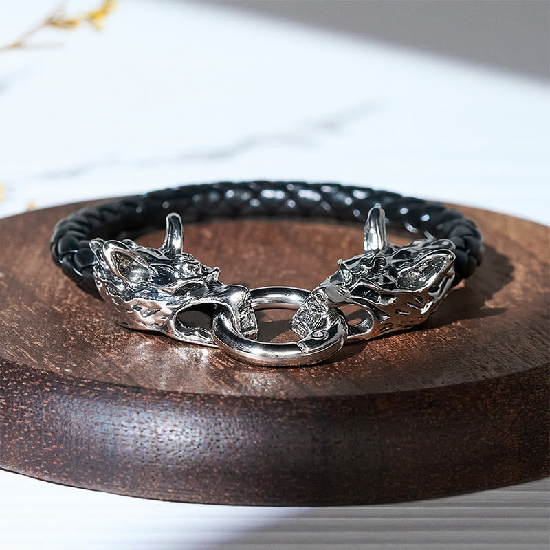 Bracelet vintage viking pour homme en cuir tressé avec double tête de loup - 23 cm - image 0