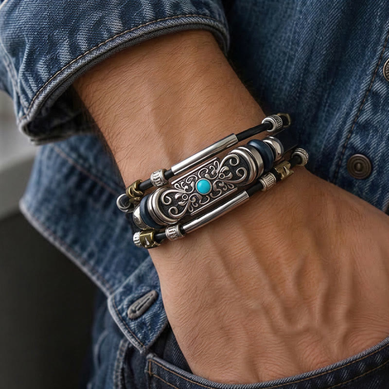 Bracelet vintage western pour homme en cuir et pierre bleue avec filigrane - image 1
