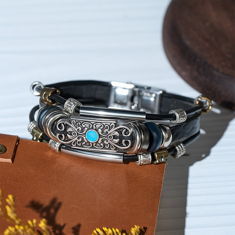 Bracelet vintage western pour homme en cuir et pierre bleue avec filigrane - image 5