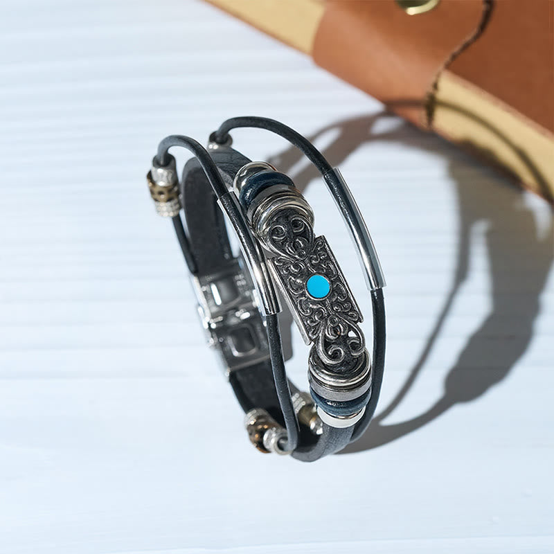 Bracelet vintage western pour homme en cuir et pierre bleue avec filigrane - image 0