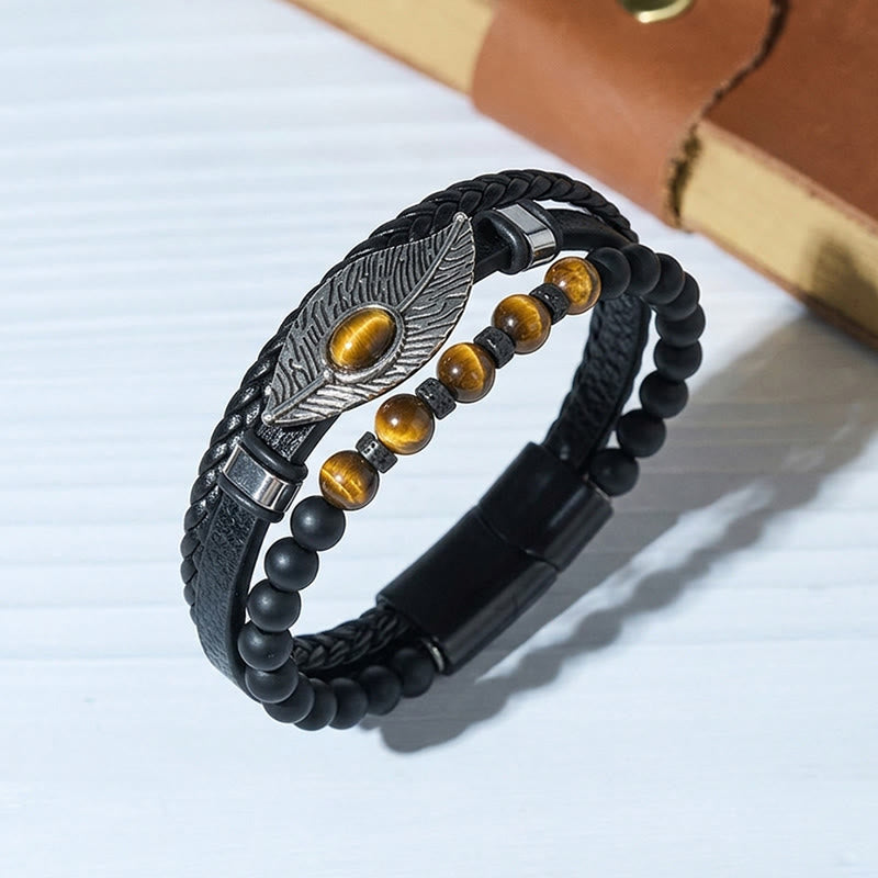 Bracelet magnétique bohème western en cuir avec plume et pierre précieuse pour homme - Style n° 1 - 23 cm - image 2