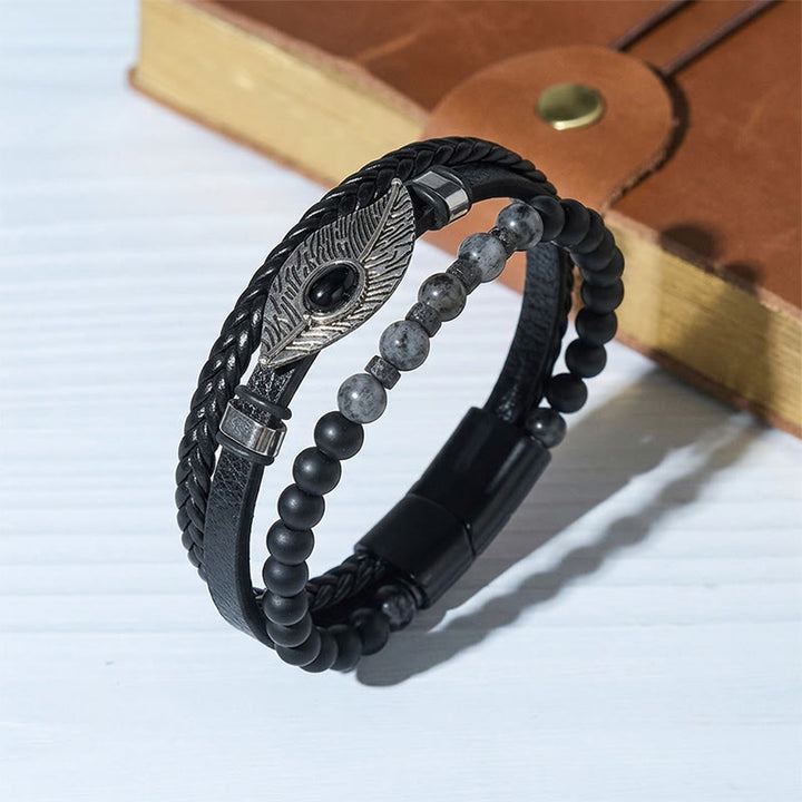 Bracelet magnétique bohème western en cuir avec plume et pierre précieuse pour homme - Style n° 3 - 23 cm - image 3