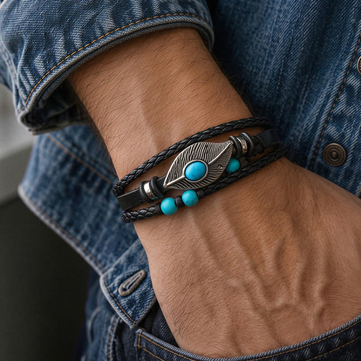 Bracelet magnétique bohème western en cuir avec plume et pierre précieuse pour homme - image 1