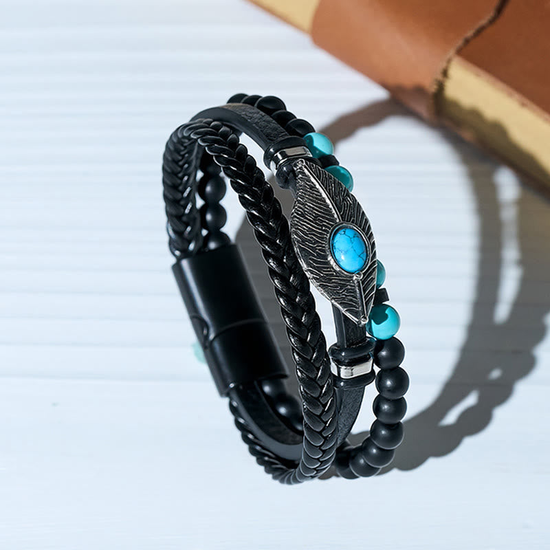 Bracelet magnétique bohème western en cuir avec plume et pierre précieuse pour homme - Style n° 2 - 23 cm - image 0