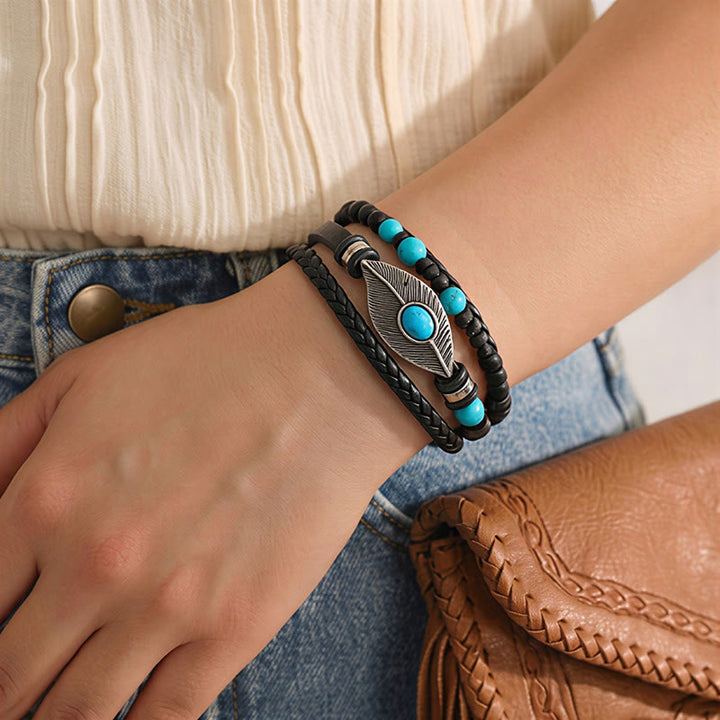 Bracelet magnétique bohème western en cuir avec plume et pierre précieuse pour homme - image 5