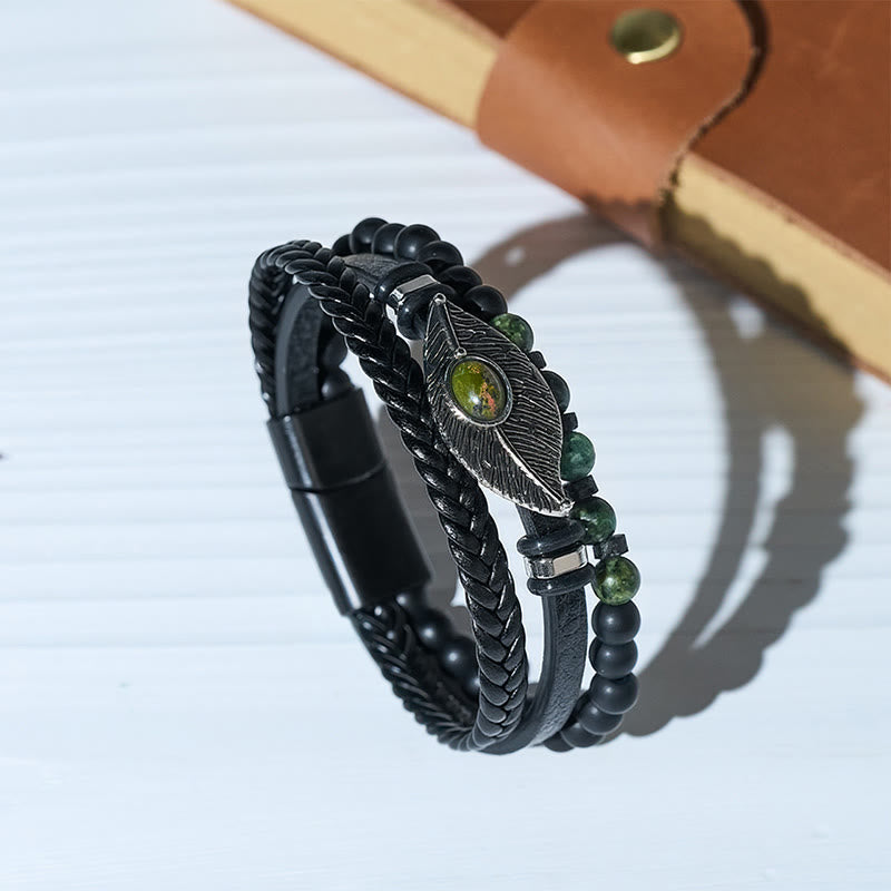 Bracelet magnétique bohème western en cuir avec plume et pierre précieuse pour homme - Style n° 4 - 23 cm - image 4
