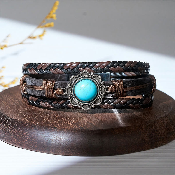 Bracelet pour homme en cuir noir style sud-ouest avec concho turquoise - image 4