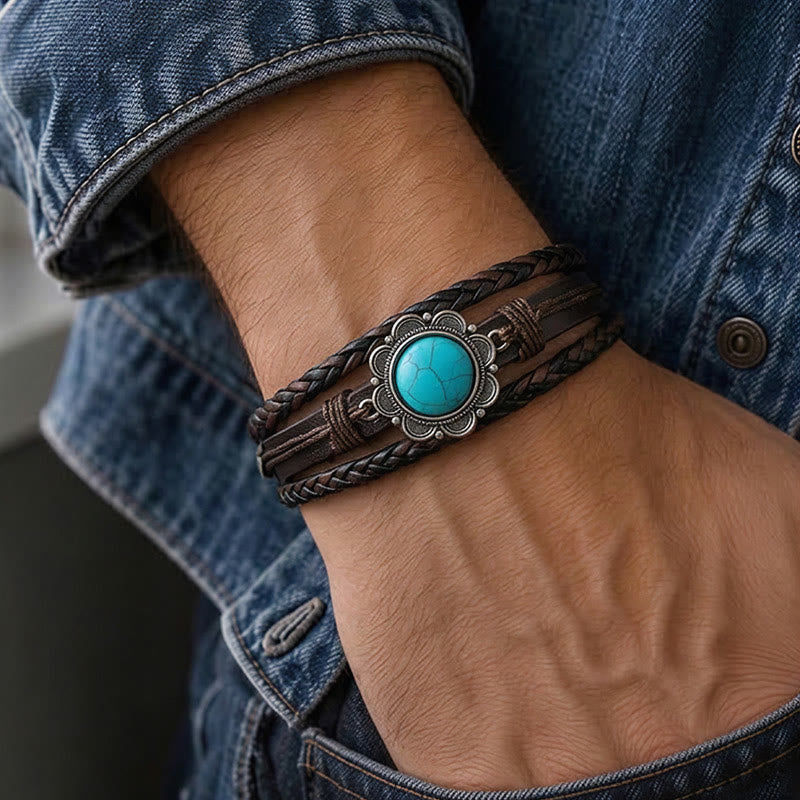 Bracelet pour homme en cuir noir style sud-ouest avec concho turquoise - image 1