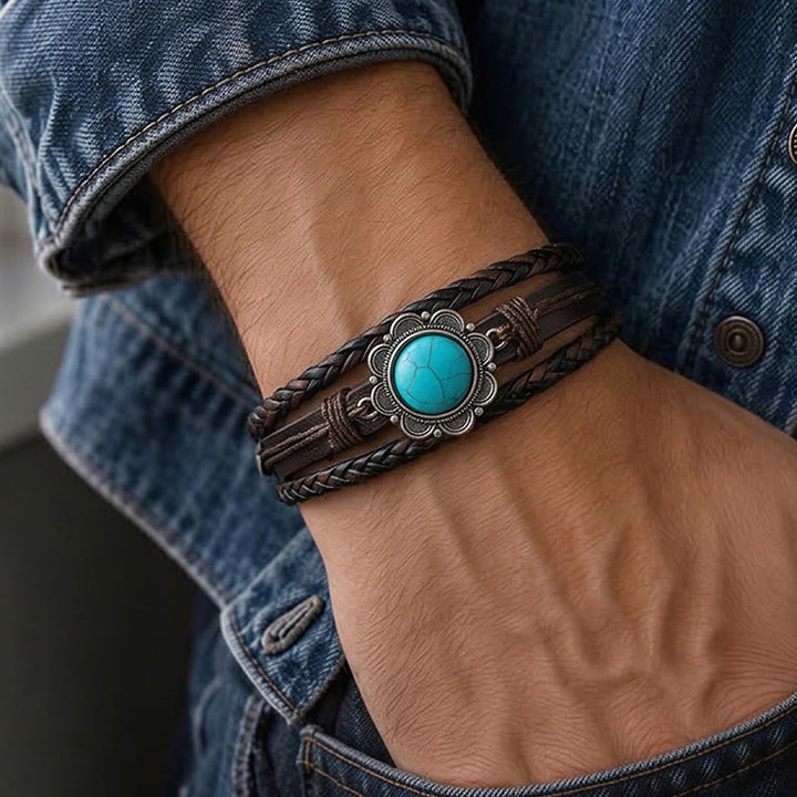 Bracelet pour homme en cuir noir style sud-ouest avec concho turquoise - image 1