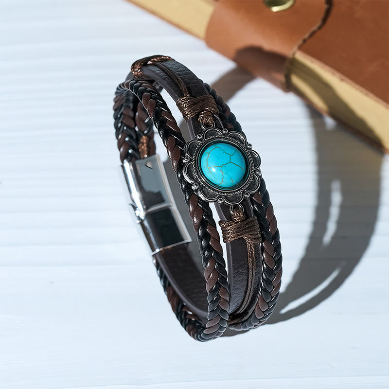 Bracelet pour homme en cuir noir style sud-ouest avec concho turquoise - Brun - image 0