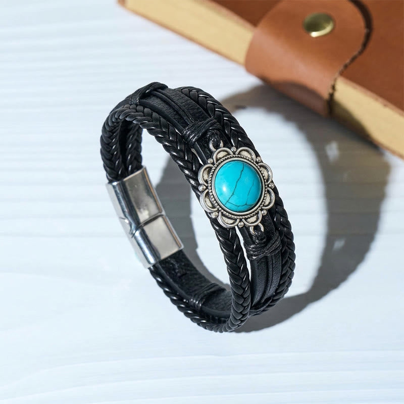 Bracelet pour homme en cuir noir style sud-ouest avec concho turquoise - Noir - image 3
