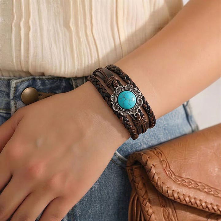 Bracelet pour homme en cuir noir style sud-ouest avec concho turquoise - image 2