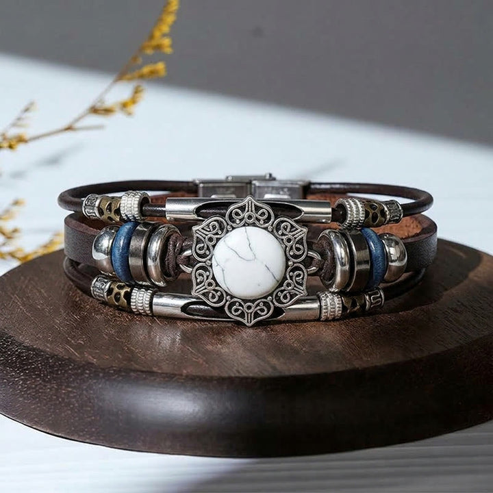 Bracelet vintage sud-ouest en acier inoxydable, cuir et pierre ovale naturelle - Style n° 6 - image 8