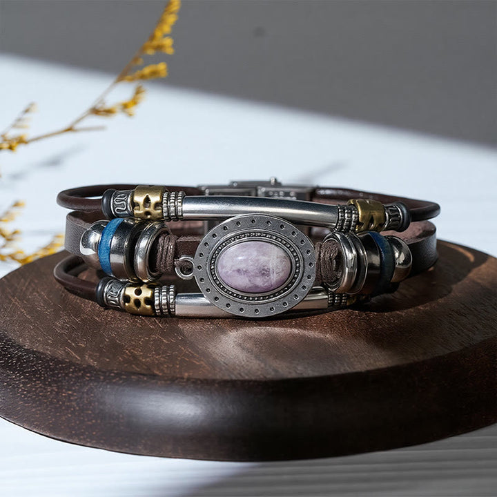 Bracelet vintage sud-ouest en acier inoxydable, cuir et pierre ovale naturelle - Style n° 2 - image 6