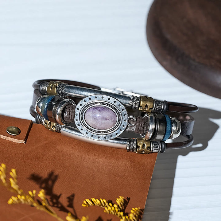 Bracelet vintage sud-ouest en acier inoxydable, cuir et pierre ovale naturelle - image 5