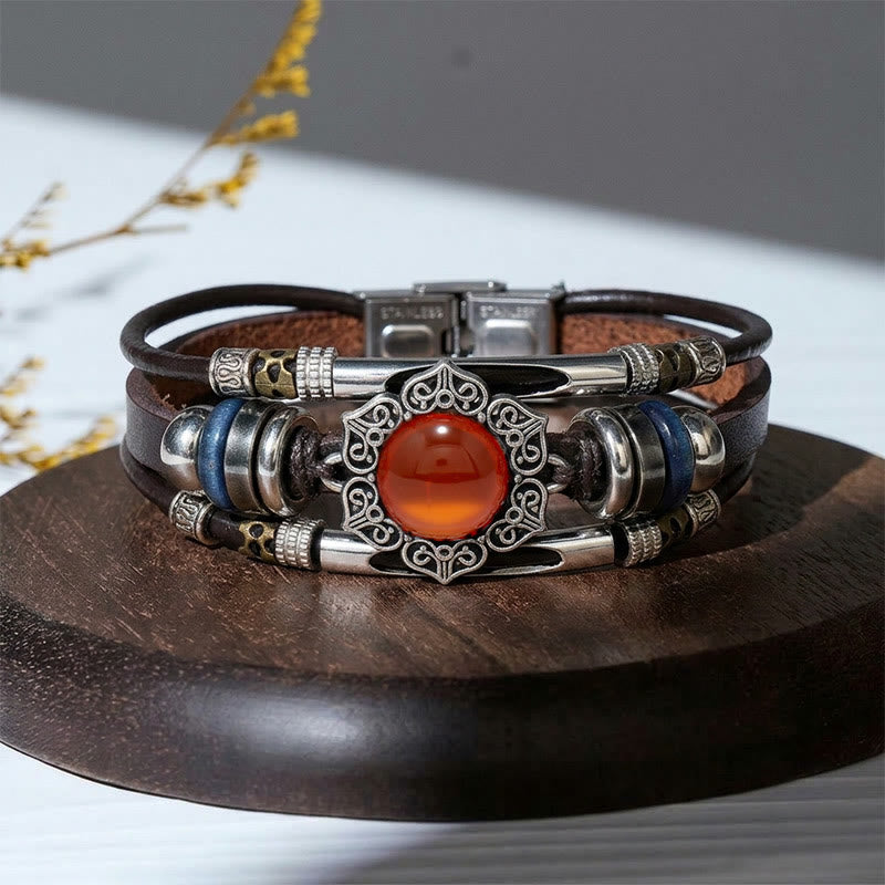 Bracelet vintage sud-ouest en acier inoxydable, cuir et pierre ovale naturelle - Style n° 5 - image 9