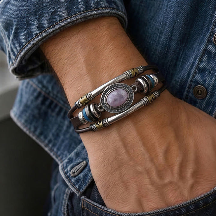 Bracelet vintage sud-ouest en acier inoxydable, cuir et pierre ovale naturelle - image 1