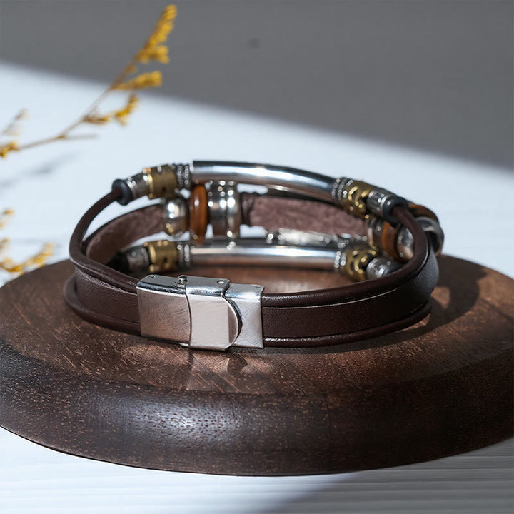 Bracelet vintage sud-ouest en acier inoxydable, cuir et pierre ovale naturelle - image 10