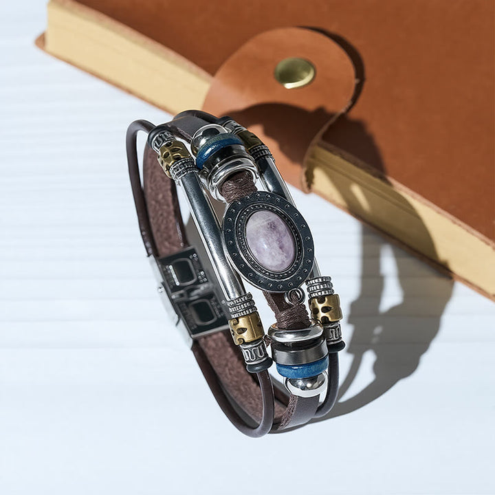 Bracelet vintage sud-ouest en acier inoxydable, cuir et pierre ovale naturelle - image 2